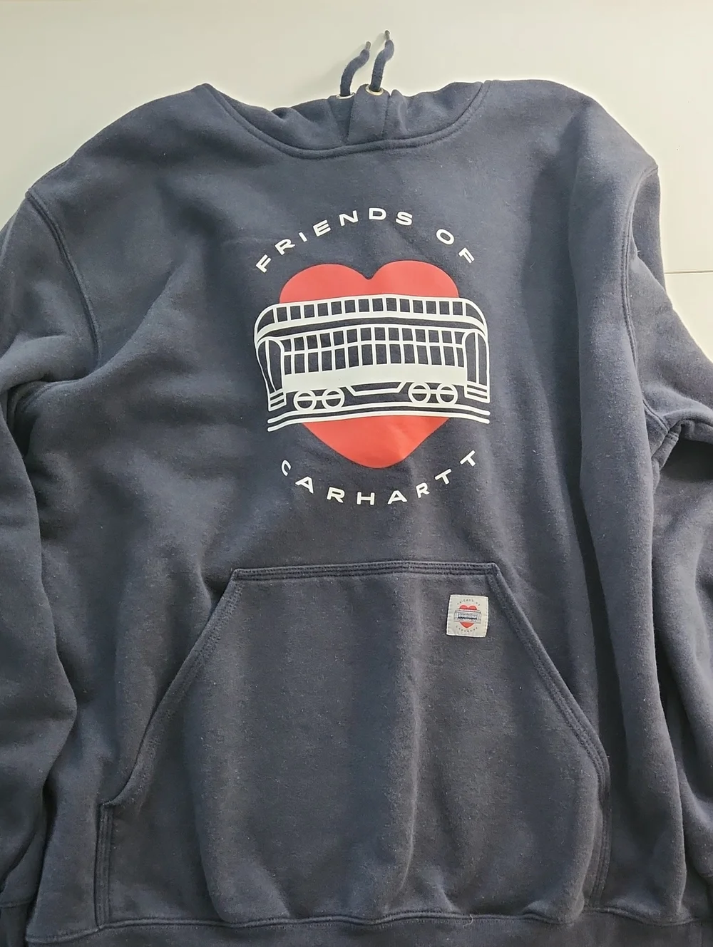 Carhartt Navy Hoodie with Red Heart Transit Graphic